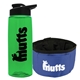a transparent green bottle & black lid & blue bowl the parched pup - 26 oz transparent tritan(tm) bottle folding dog bowl