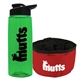 a transparent green bottle & black lid & red bowl the parched pup - 26 oz transparent tritan(tm) bottle folding dog bowl