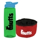 a transparent green bottle & cyan lid & red bowl the parched pup - 26 oz transparent tritan(tm) bottle folding dog bowl