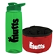 a transparent green bottle & green lid & red bowl the parched pup - 26 oz transparent tritan(tm) bottle folding dog bowl