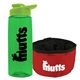 a transparent green bottle & lime green lid & red bowl the parched pup - 26 oz transparent tritan(tm) bottle folding dog bowl