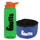 a transparent green bottle & orange lid & blue bowl the parched pup - 26 oz transparent tritan(tm) bottle folding dog bowl
