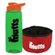 a transparent green bottle & orange lid & red bowl the parched pup - 26 oz transparent tritan(tm) bottle folding dog bowl