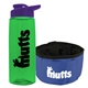 a transparent green bottle & violet lid & blue bowl the parched pup - 26 oz transparent tritan(tm) bottle folding dog bowl
