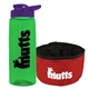 a transparent green bottle & violet lid & red bowl the parched pup - 26 oz transparent tritan(tm) bottle folding dog bowl