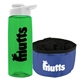 a transparent green bottle & white lid & blue bowl the parched pup - 26 oz transparent tritan(tm) bottle folding dog bowl