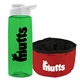 a transparent green bottle & white lid & red bowl the parched pup - 26 oz transparent tritan(tm) bottle folding dog bowl