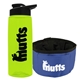 a transparent lime green bottle & black lid & blue bowl the parched pup - 26 oz transparent tritan(tm) bottle folding dog bowl