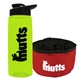 a transparent lime green bottle & black lid & red bowl the parched pup - 26 oz transparent tritan(tm) bottle folding dog bowl