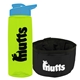 a transparent lime green bottle & cyan lid & black bowl the parched pup - 26 oz transparent tritan(tm) bottle folding dog bowl