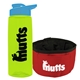 a transparent lime green bottle & cyan lid & red bowl the parched pup - 26 oz transparent tritan(tm) bottle folding dog bowl