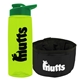 a transparent lime green bottle & green lid & black bowl the parched pup - 26 oz transparent tritan(tm) bottle folding dog bowl