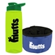 a transparent lime green bottle & green lid & blue bowl the parched pup - 26 oz transparent tritan(tm) bottle folding dog bowl