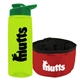 a transparent lime green bottle & green lid & red bowl the parched pup - 26 oz transparent tritan(tm) bottle folding dog bowl