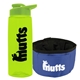a transparent lime green bottle & lime green lid & blue bowl the parched pup - 26 oz transparent tritan(tm) bottle folding dog bowl