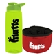 a transparent lime green bottle & lime green lid & red bowl the parched pup - 26 oz transparent tritan(tm) bottle folding dog bowl
