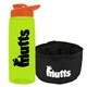a transparent lime green bottle & orange lid & black bowl the parched pup - 26 oz transparent tritan(tm) bottle folding dog bowl
