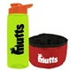 a transparent lime green bottle & orange lid & red bowl the parched pup - 26 oz transparent tritan(tm) bottle folding dog bowl