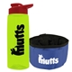 a transparent lime green bottle & red lid & blue bowl the parched pup - 26 oz transparent tritan(tm) bottle folding dog bowl