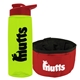 a transparent lime green bottle & red lid & red bowl the parched pup - 26 oz transparent tritan(tm) bottle folding dog bowl