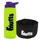 a transparent lime green bottle & violet lid & black bowl the parched pup - 26 oz transparent tritan(tm) bottle folding dog bowl