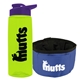 a transparent lime green bottle & violet lid & blue bowl the parched pup - 26 oz transparent tritan(tm) bottle folding dog bowl