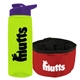 a transparent lime green bottle & violet lid & red bowl the parched pup - 26 oz transparent tritan(tm) bottle folding dog bowl