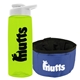 a transparent lime green bottle & white lid & blue bowl the parched pup - 26 oz transparent tritan(tm) bottle folding dog bowl