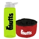 a transparent lime green bottle & white lid & red bowl the parched pup - 26 oz transparent tritan(tm) bottle folding dog bowl