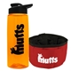 a transparent orange bottle & black lid & red bowl the parched pup - 26 oz transparent tritan(tm) bottle folding dog bowl