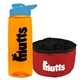 a transparent orange bottle & cyan lid & red bowl the parched pup - 26 oz transparent tritan(tm) bottle folding dog bowl