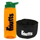 a transparent orange bottle & green lid & black bowl the parched pup - 26 oz transparent tritan(tm) bottle folding dog bowl