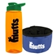 a transparent orange bottle & green lid & blue bowl the parched pup - 26 oz transparent tritan(tm) bottle folding dog bowl
