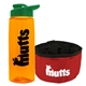 a transparent orange bottle & green lid & red bowl the parched pup - 26 oz transparent tritan(tm) bottle folding dog bowl