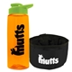 a transparent orange bottle & lime green lid & black bowl the parched pup - 26 oz transparent tritan(tm) bottle folding dog bowl