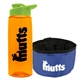 a transparent orange bottle & lime green lid & blue bowl the parched pup - 26 oz transparent tritan(tm) bottle folding dog bowl