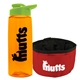 a transparent orange bottle & lime green lid & red bowl the parched pup - 26 oz transparent tritan(tm) bottle folding dog bowl
