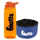 a transparent orange bottle & orange lid & blue bowl the parched pup - 26 oz transparent tritan(tm) bottle folding dog bowl