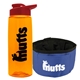 a transparent orange bottle & red lid & blue bowl the parched pup - 26 oz transparent tritan(tm) bottle folding dog bowl