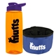 a transparent orange bottle & violet lid & blue bowl the parched pup - 26 oz transparent tritan(tm) bottle folding dog bowl