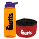 a transparent orange bottle & violet lid & red bowl the parched pup - 26 oz transparent tritan(tm) bottle folding dog bowl