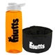 a transparent orange bottle & white lid & black bowl the parched pup - 26 oz transparent tritan(tm) bottle folding dog bowl