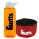 a transparent orange bottle & white lid & red bowl the parched pup - 26 oz transparent tritan(tm) bottle folding dog bowl