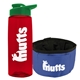 a transparent red bottle & green lid & blue bowl the parched pup - 26 oz transparent tritan(tm) bottle folding dog bowl
