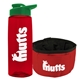 a transparent red bottle & green lid & red bowl the parched pup - 26 oz transparent tritan(tm) bottle folding dog bowl