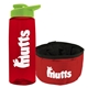 a transparent red bottle & lime green lid & red bowl the parched pup - 26 oz transparent tritan(tm) bottle folding dog bowl