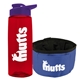 a transparent red bottle & violet lid & blue bowl the parched pup - 26 oz transparent tritan(tm) bottle folding dog bowl