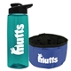 a transparent teal bottle & black lid & blue bowl the parched pup - 26 oz transparent tritan(tm) bottle folding dog bowl