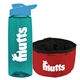 a transparent teal bottle & cyan lid & red bowl the parched pup - 26 oz transparent tritan(tm) bottle folding dog bowl