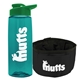 a transparent teal bottle & green lid & black bowl the parched pup - 26 oz transparent tritan(tm) bottle folding dog bowl